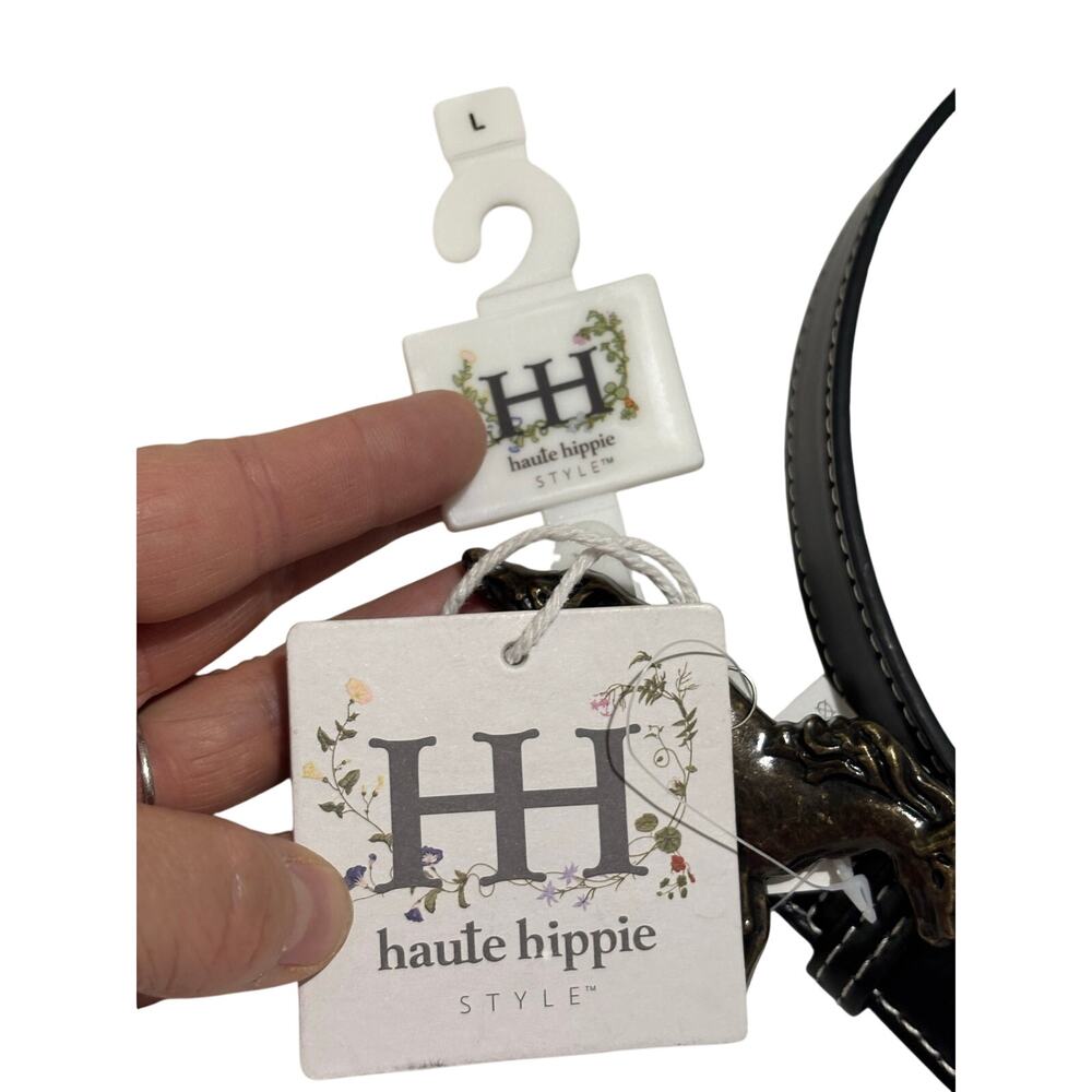 Haute Hippie L black white stick 1” Belt with metal mustang buckle nwt - Picture 3 of 8